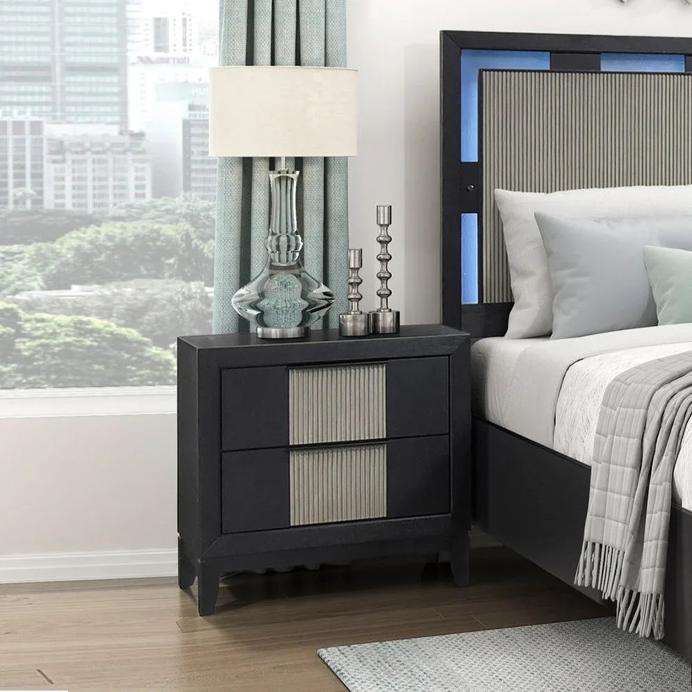 Contemporary 2-Drawer Nightstand Charcoal Gray Finish Solid Wood Bedroom Furniture 1pc Bedside Table Reeded Front Panels - Eloy Royal