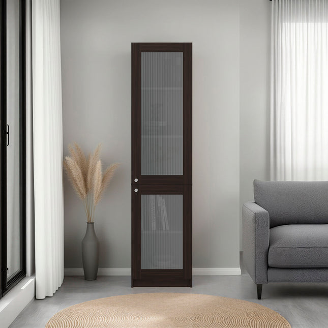 Home Double Glass Door Bookcase Cabinet with 5 Interior Shelves for Linen or Décor Storage