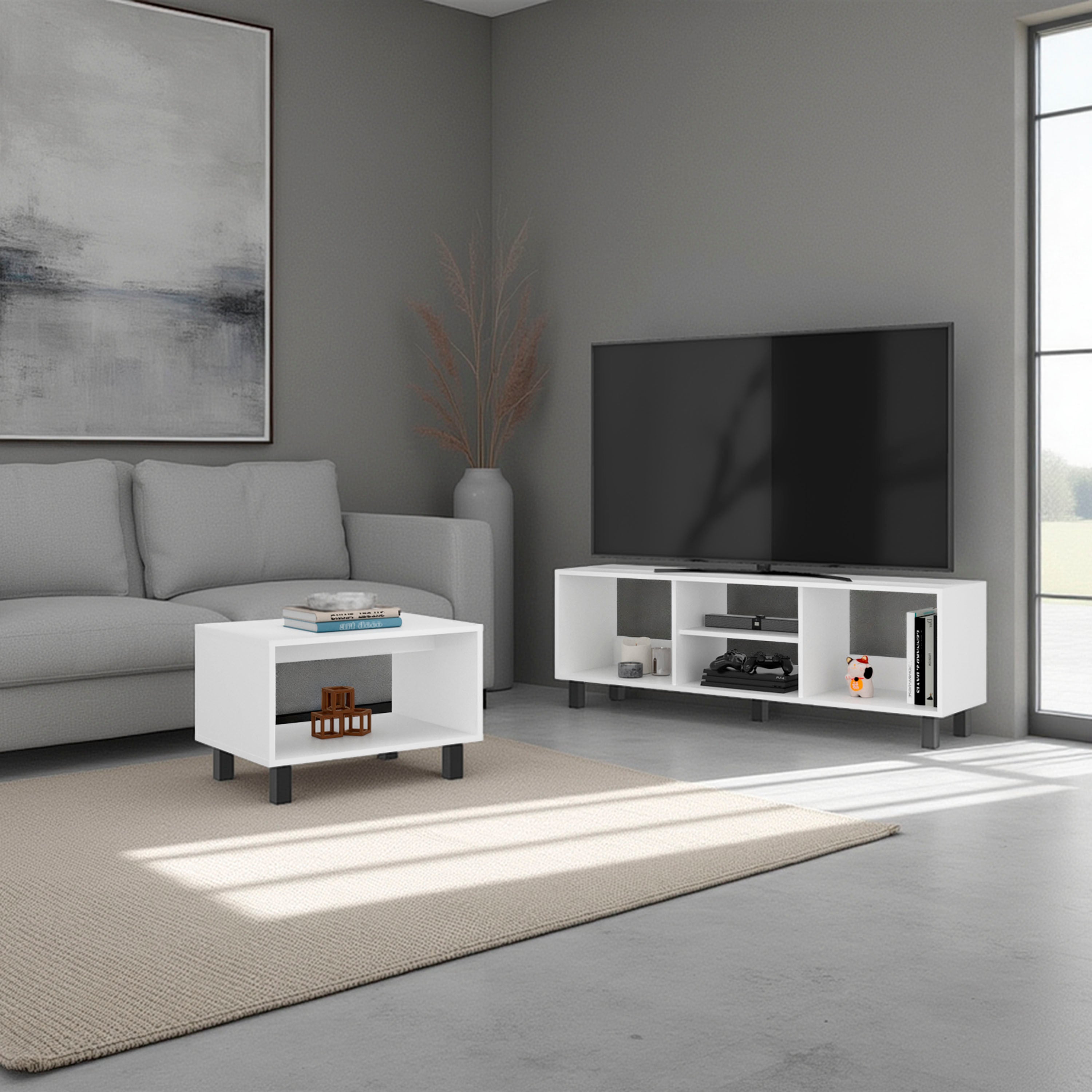 Carter 2 Piece Living Room Set, Streamlined with TV Stand and Coffee Table, White