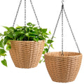 SOLHOME 10.6' Resin Wicker Set of 2 Hanging Planters with Steel Frame – Indoor Outdoor Plant Holders with Steel Hangers and PE Liner