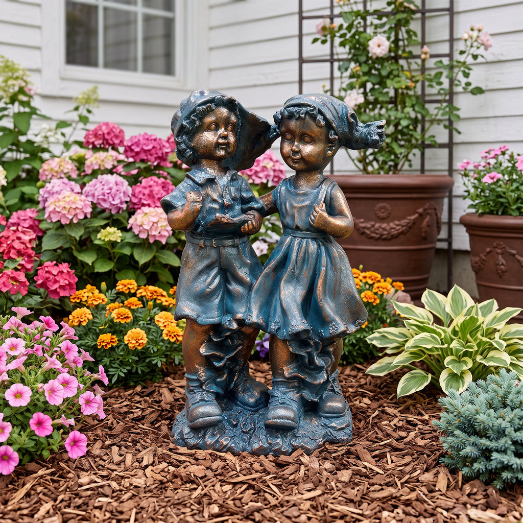 Magnesium oxide statues of a boy and a girl, perfect as garden lawn ornaments, are ideal for backyards, lawns, and patios.
