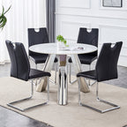 Table and chair set.A 42-inch stainless steel leg round table .Paired with 4 Uniquely designed Black Dining Chairs With Silver Metal Leg.Sintered Stone Tabletop,Stainless Steels Table Legs.