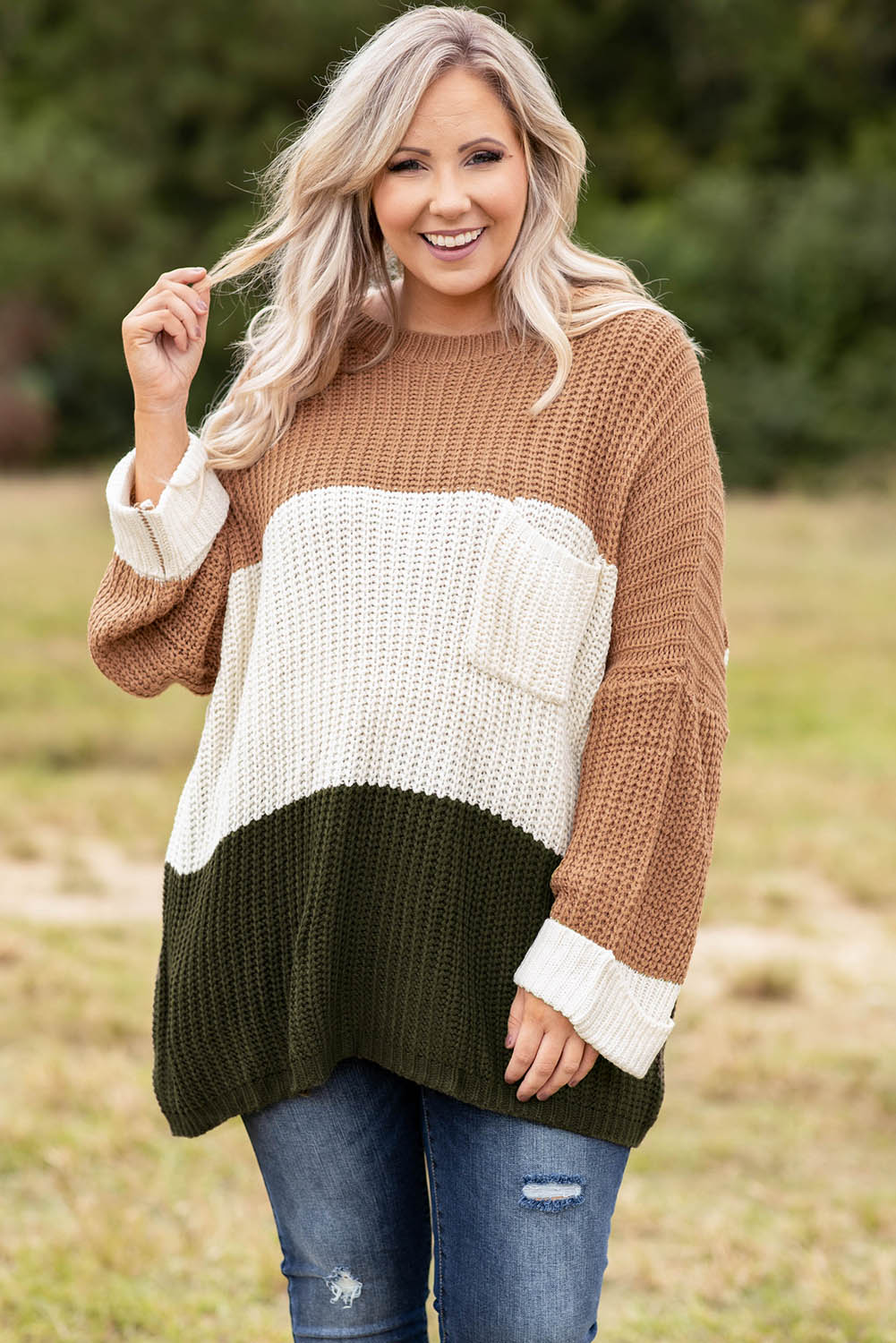 Khaki Color Block Tiered Knit Plus Size Sweater - Eloy Royal