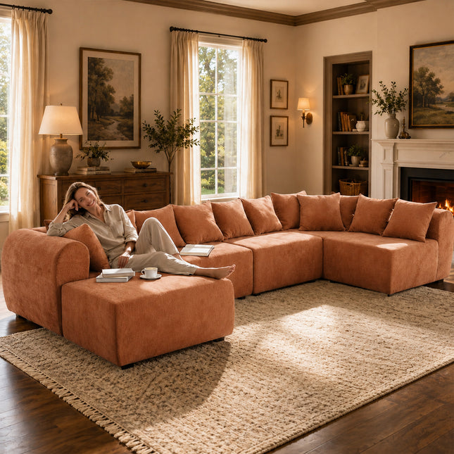 Modern Modular Sectional Sofa, 8-Seater U-Shaped Couch with Ottoman, 1500 lbs Capacity,Orange Boucle Fabric, Convertible Configuration for Living Room, Apartment