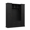 Farmhouse Elegant Hall Tree with 4 Side Cabinets, All-in-One Mudroom Furniture with Adjustable Shelves & Open Cubbies, Beadboard Entryway Bench with Coat Rack & 5 Hooks for Hallway, Black