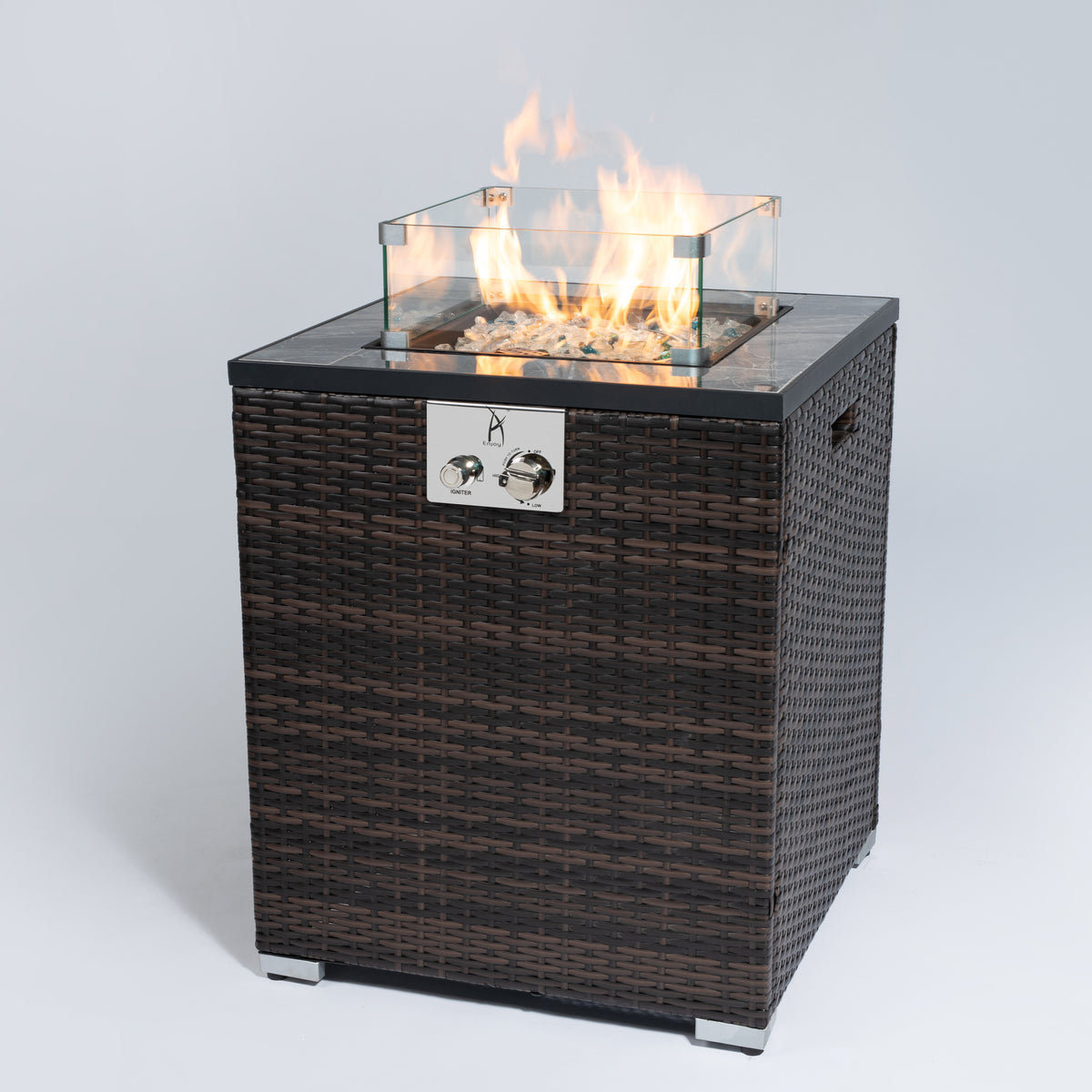 24' Propane Gas Fire Pit Table, 50000 BTU Square Fire Pit, Tile Tabletop with Beautiful Wicker Base for Outside Patio Deck Garden Courtyard-Espresso