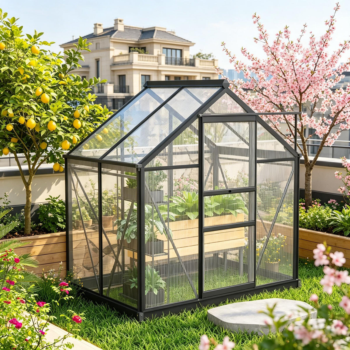 Outdoor Aluminum Polycarbonate Greenhouse,6.2'x4.3'x6.6'  Heavy Duty Walk-in Green House Kit Vent Door