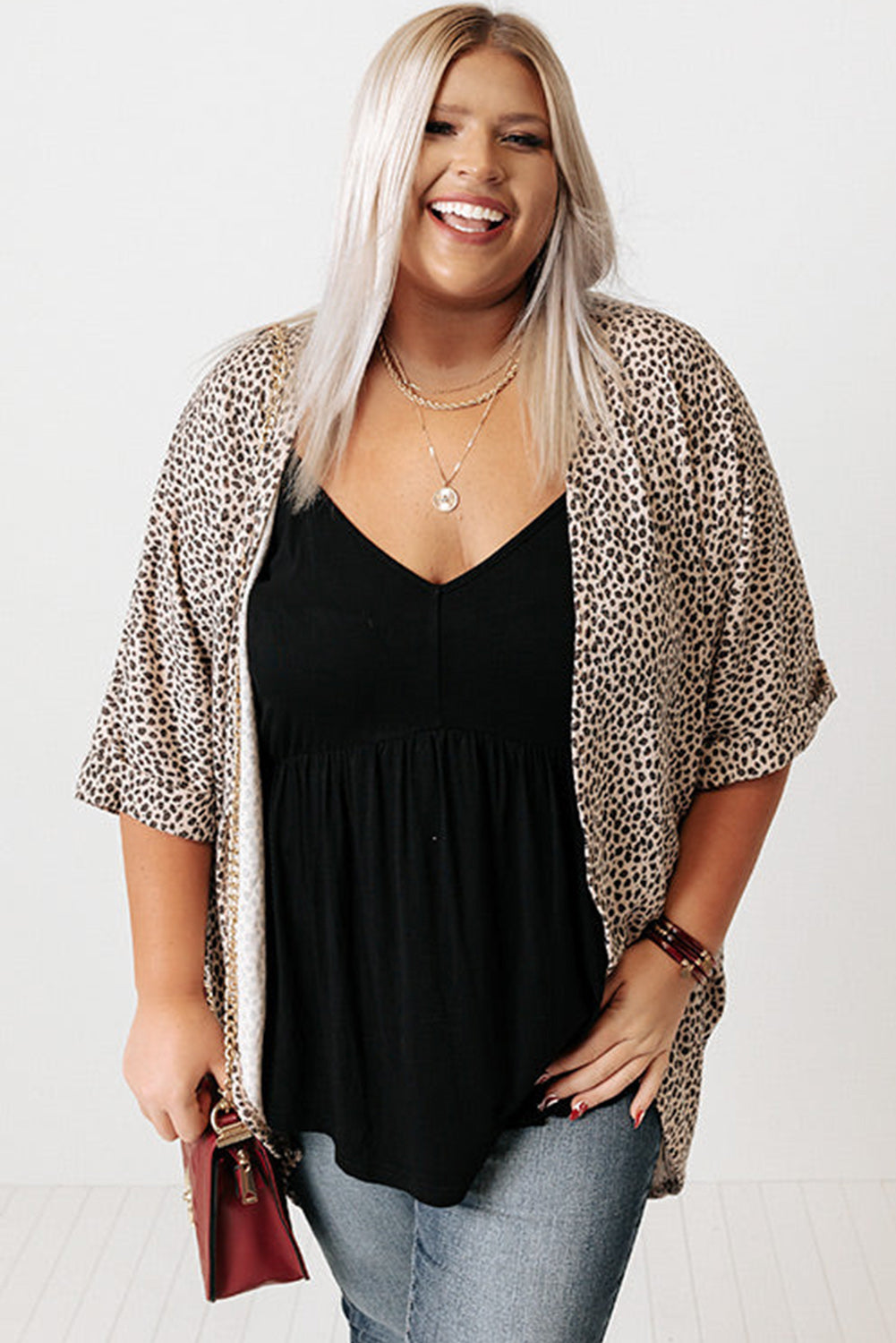 Khaki Plus Size Leopard Print Half Sleeve Open Front Cardigan - Eloy Royal