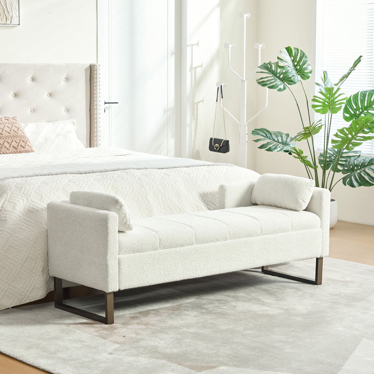 63.98'Wide Upholstered Flip-top Storage Accent Bed Bench, Chenille Footrest Ottoman with Armrests&Backrest&2 Bolster Pillows Metal Legs for Living Room, End of Bed, Hallway, Entryway Bedroom. Ivory