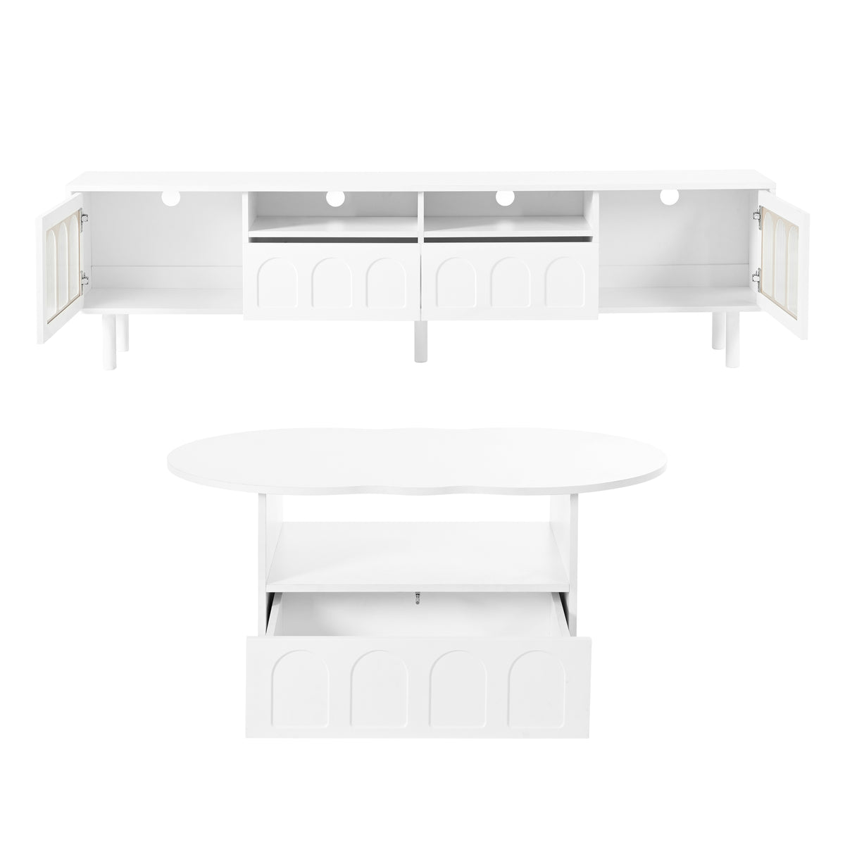 Two sets of ON-TRANS cream style TV stands and coffee tables, suitable for TVs under 80 inches, white