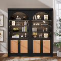 Tall Bookshelf Suite with 4-layer LED Lightings,Modern Bookcase with Rattan Doors and Open Adjustable Shelves,Storage Bookshelf for Living Room,Home Office,Black