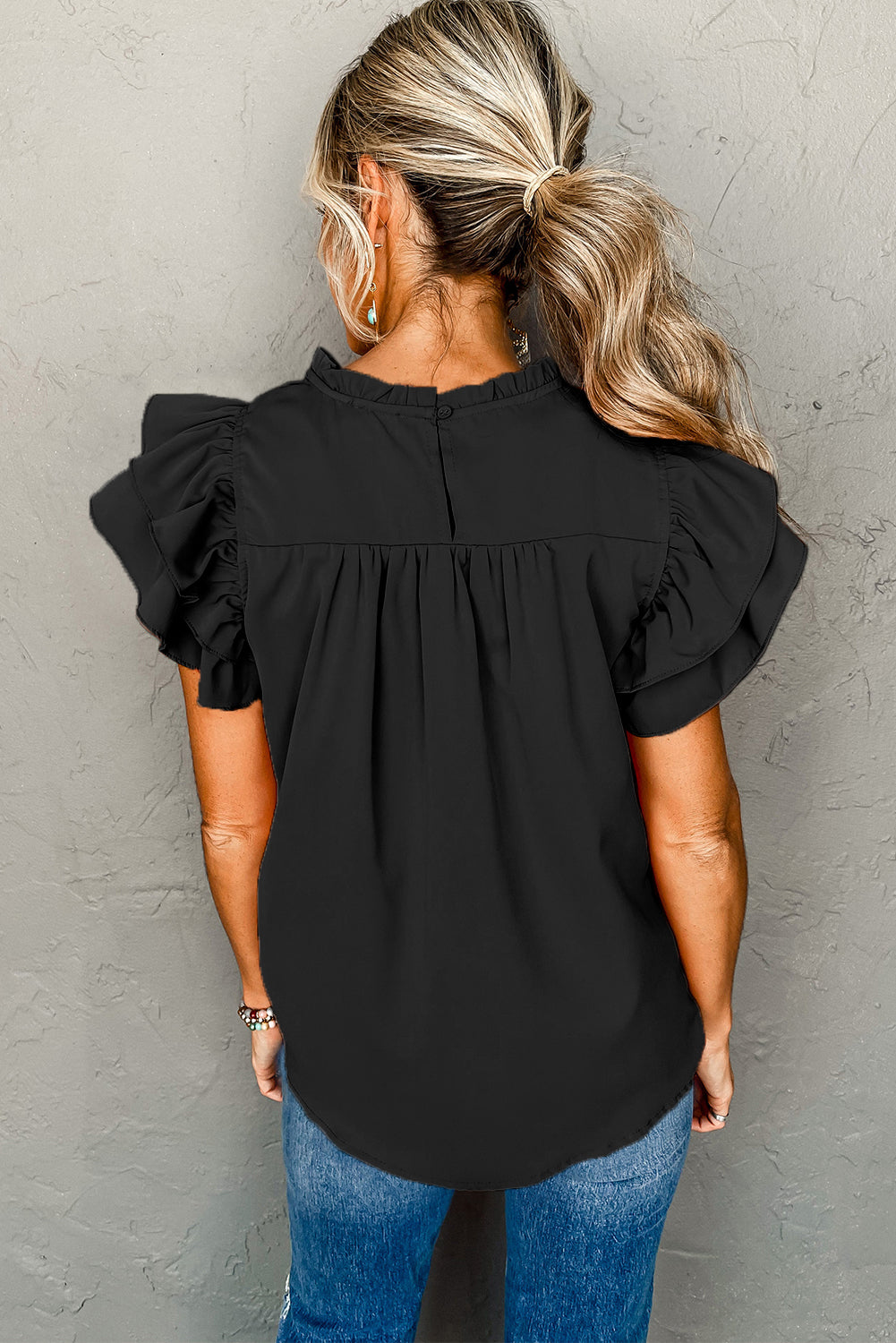 Grapefruit Orange Ruched Frilled Neck Ruffle Blouse - Eloy Royal