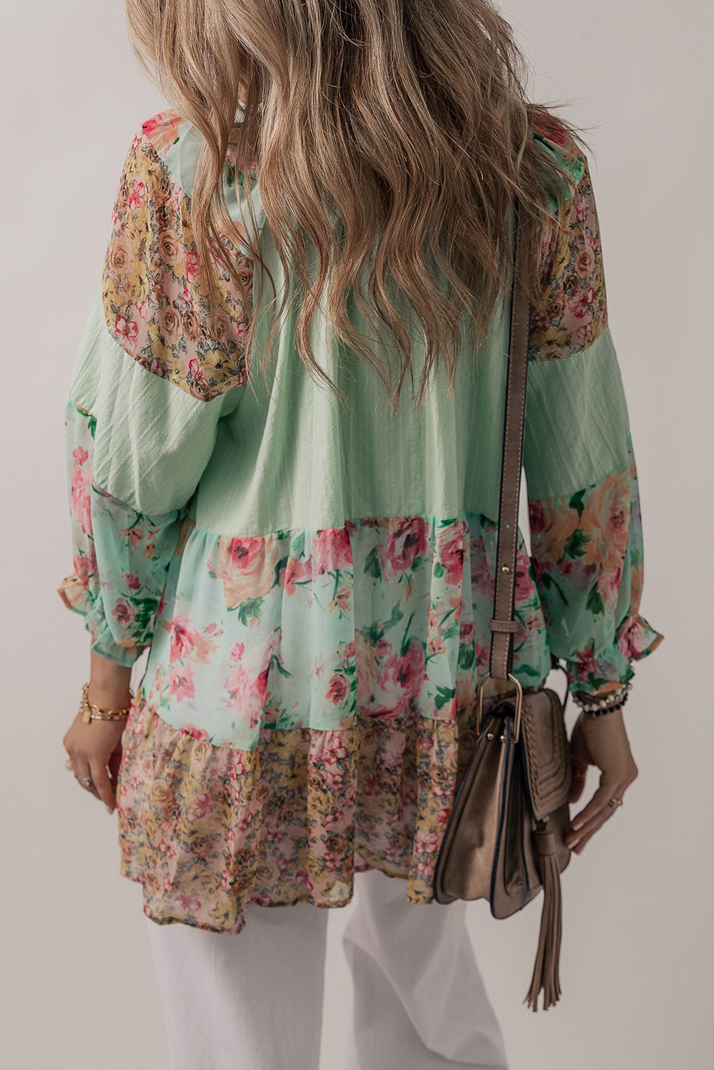 Green Floral Patchwork Frilled Split Neck Blouse - Eloy Royal