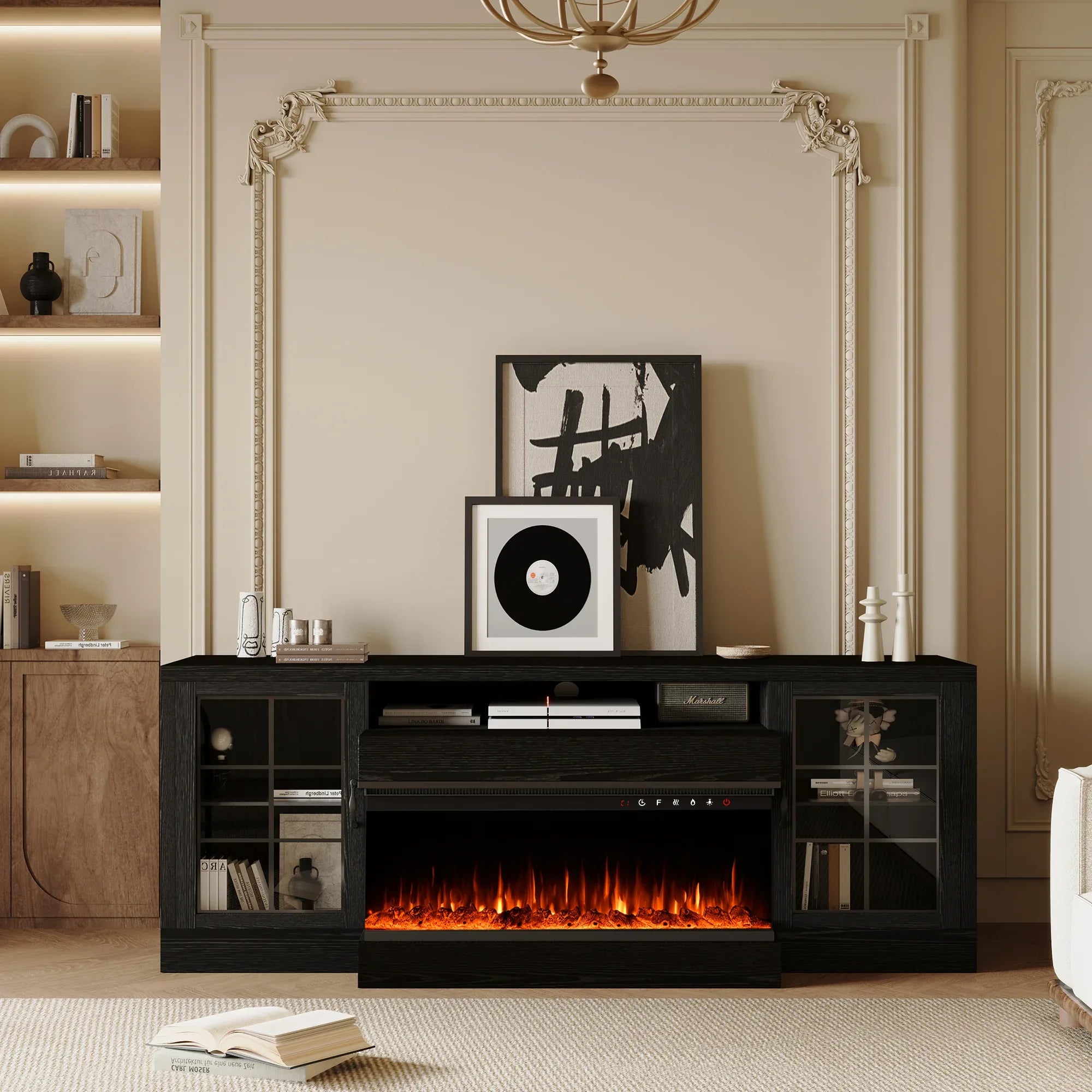 CharaVector 60 inch Fireplace TV Stand for TVs up to 75' with 30' 3-Sided Electric Fireplace, Farmhouse Entertainment Center with Glass Doors & Storage Cabinet, Black - Eloy Royal