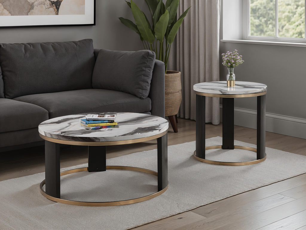 Contemporary Style Triangle 3pc Table Set 1x Coffee Table 2x End Table Marble Top Gold Ring Wooden Legs Primary Living Room
