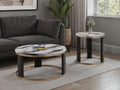 Contemporary Style Triangle 3pc Table Set 1x Coffee Table 2x End Table Marble Top Gold Ring Wooden Legs Primary Living Room