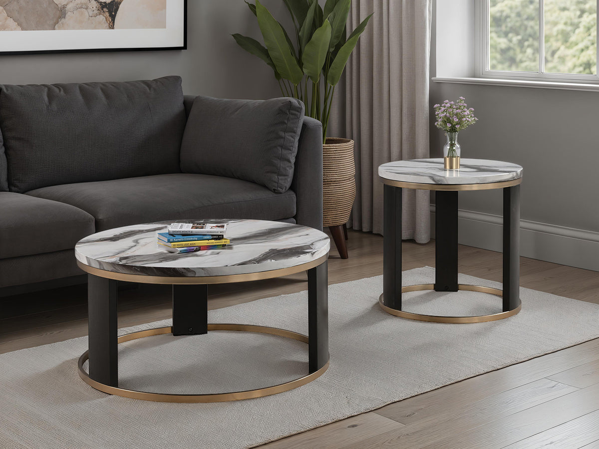Contemporary Style Triangle 3pc Table Set 1x Coffee Table 2x End Table Marble Top Gold Ring Wooden Legs Primary Living Room
