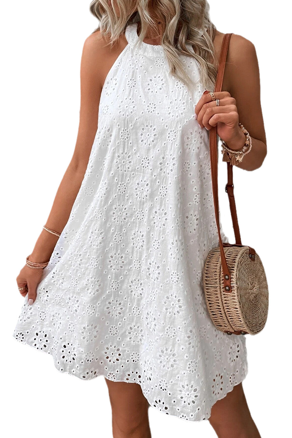 White Lace Eyelet Sleeveless O-Neck Keyhole Back Mini Dress - Eloy Royal