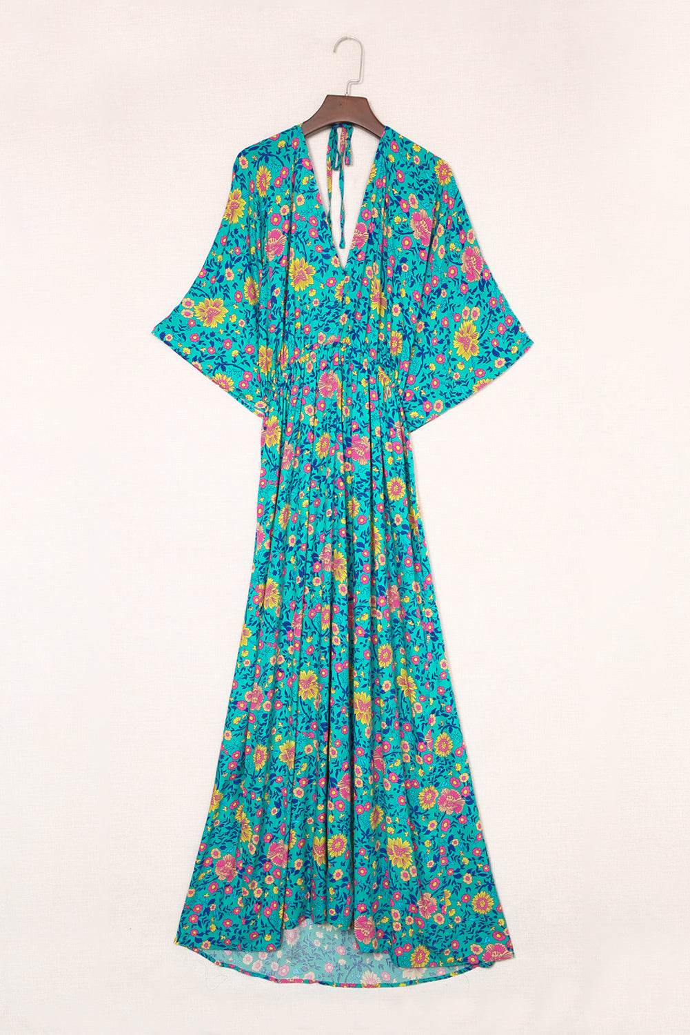 Floral Print Deep V Neck Flutter Sleeve Boho Maxi Dress - Eloy Royal