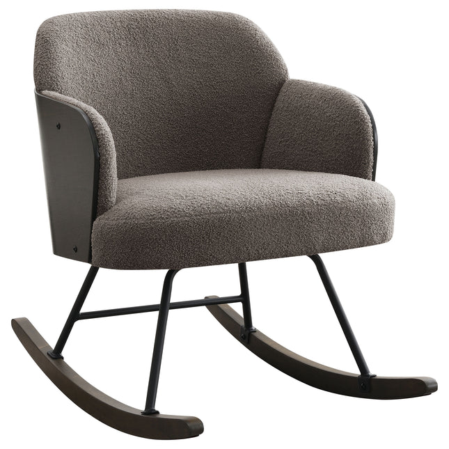 Valera Taupe Boucle Upholstered Mid Back Rocking Chair with Walnut-Finished Bentwood Frame and Metal Legs