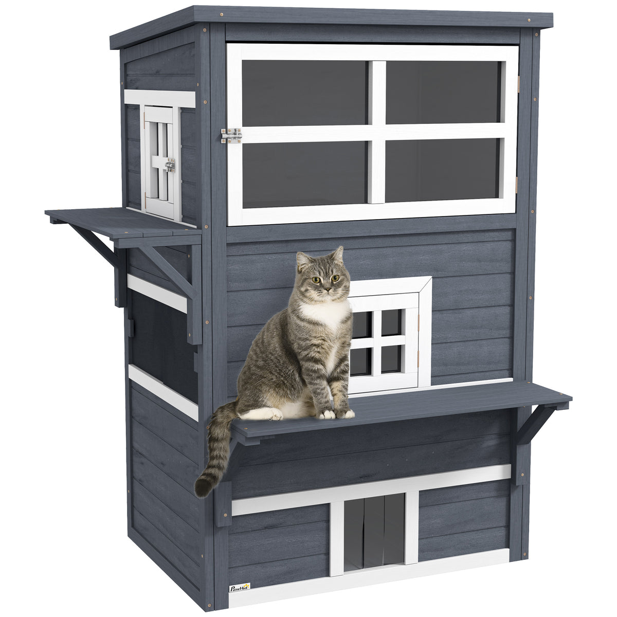 PawHut 3-Story Cat House Feral Cat Shelter, Outdoor Kitten Condo with Raised Floor, Asphalt Roof, Escape Doors, Jumping Platforms, Dark Gray