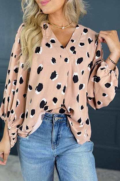 Khaki Leopard V Neck Bracelet Sleeve Blouse