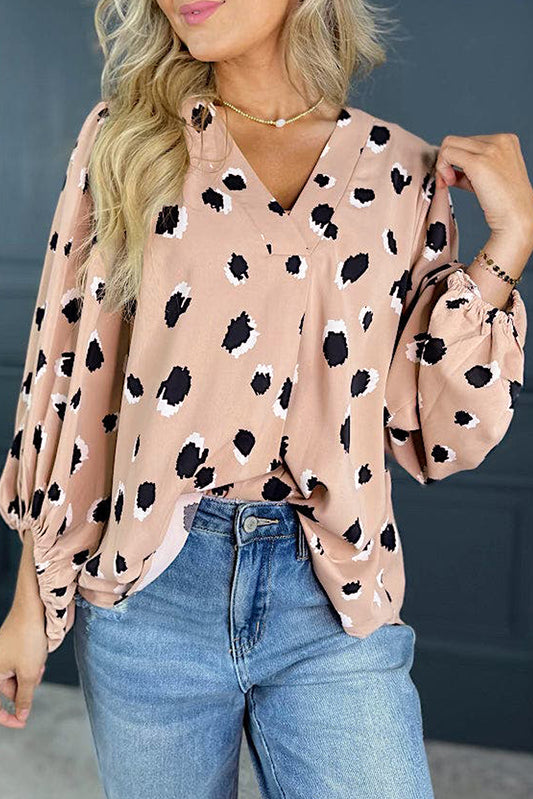 Khaki Leopard V Neck Bracelet Sleeve Blouse