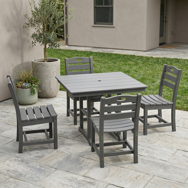 Gray HDPE 5-Piece Outdoor Patio Dining Set with Square Table, 4 Chairs and Umbrella Hole