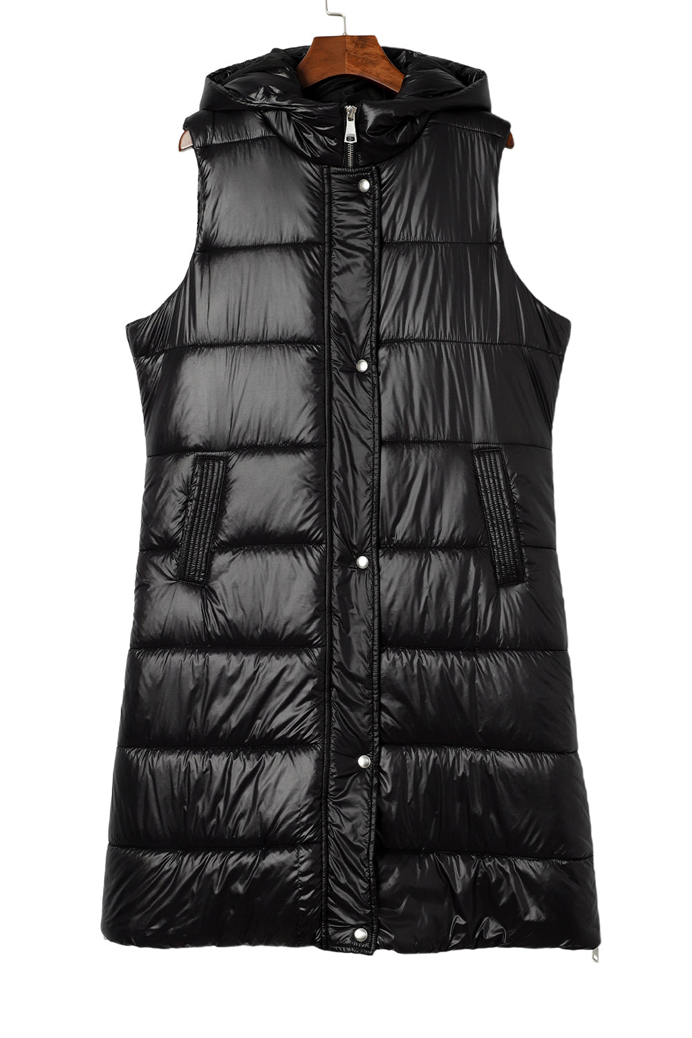 Black Hooded Pocketed Quilted Long Vest Coat - Eloy Royal