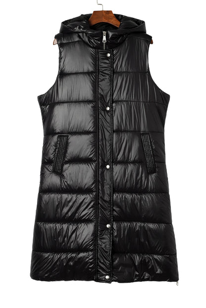 Black Hooded Pocketed Quilted Long Vest Coat - Eloy Royal