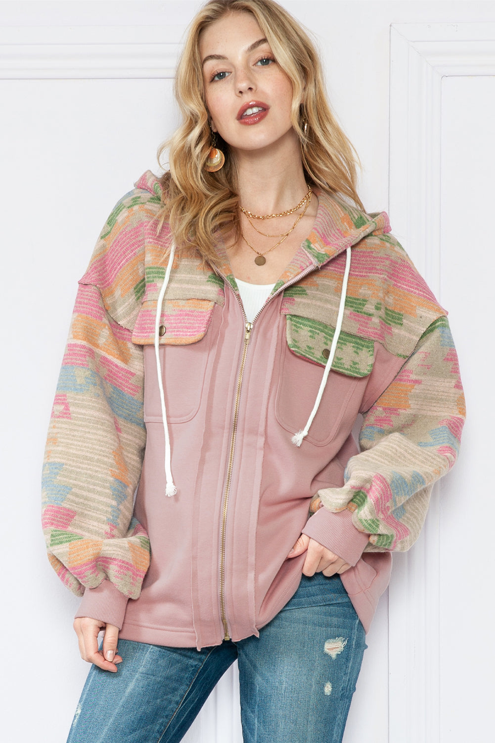 Light Pink Geometric Patchwork Hooded Zip Up Jacket - Eloy Royal