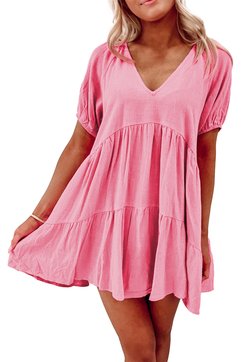 Strawberry Pink Puff Sleeve V Neck Tiered Swing Dress - Eloy Royal