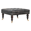 Solid Wood Black Leather Upholstered Ottoman