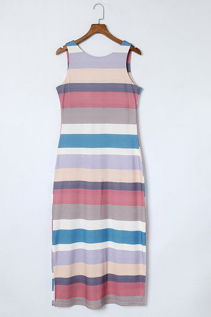 Multicolor Stripe Print Slit Tank Maxi Dress - Eloy Royal