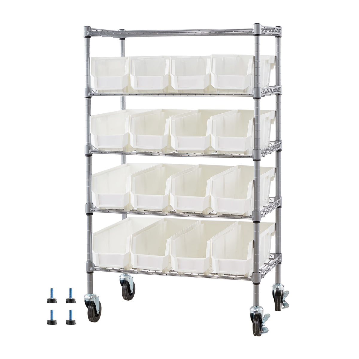 5-Tier Rolling Bin Storage Rack, 16 Organizer Bins, Bin Rack Storage Steel Wire Shelving System with Wheels, Mobile Tool Organizer for Garage, Warehouse, Office, Restaurant, Classroom, Kitchen