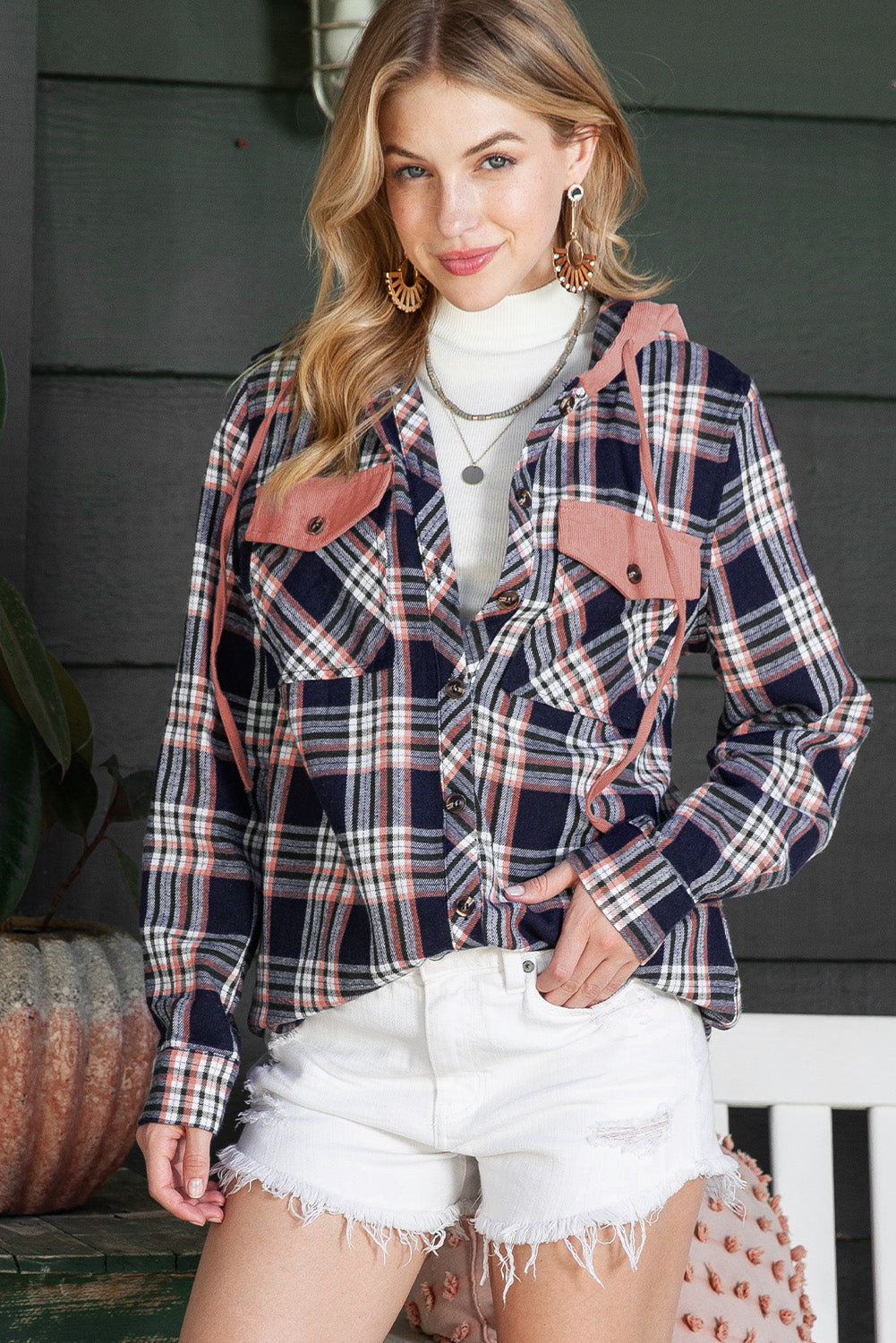 Wholesale Pink Plaid Contrast Hooded Drawstring Shacket - Eloy Royal