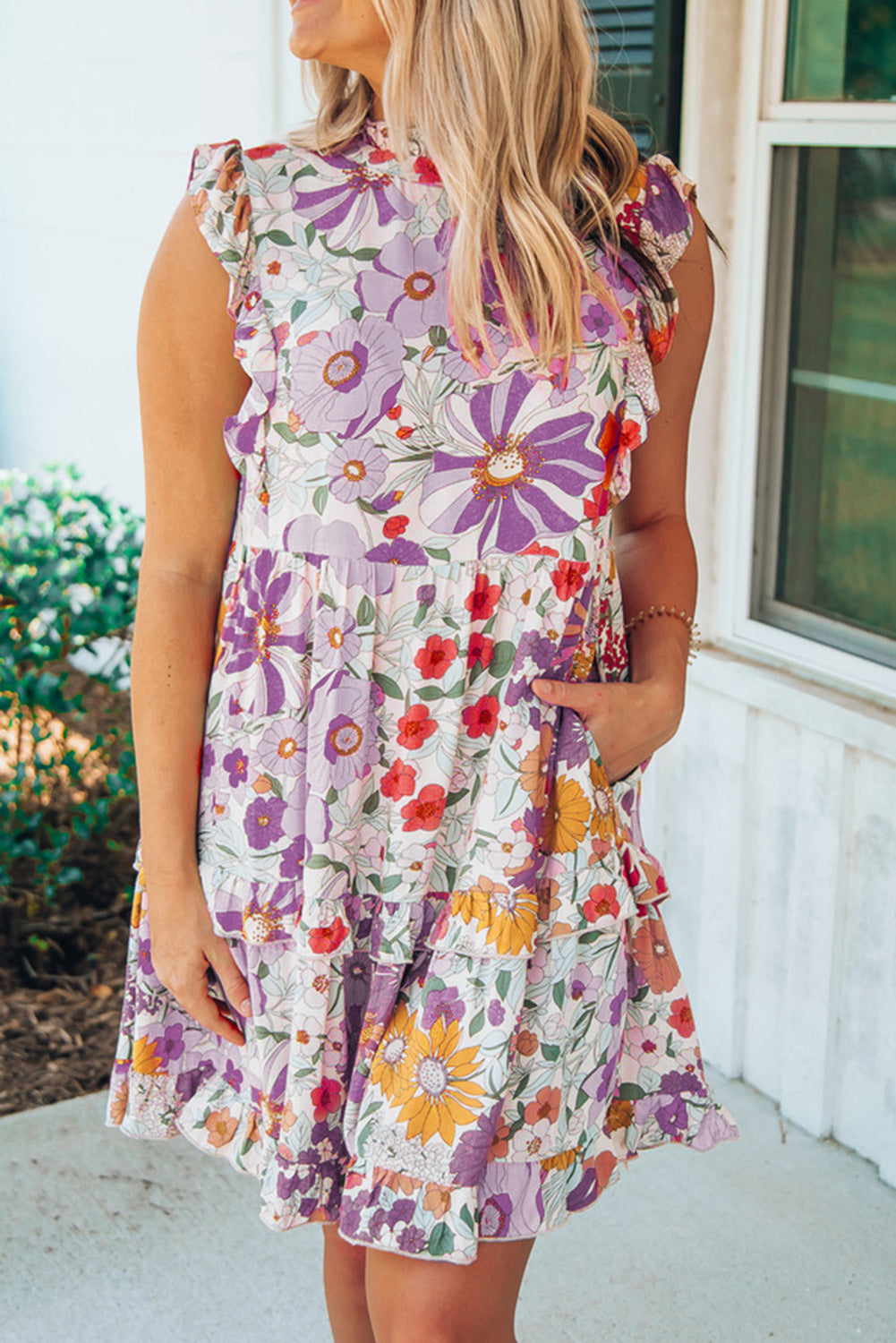 Floral Print Casual Ruffled Sleeveless Tiered Short Dress - Eloy Royal