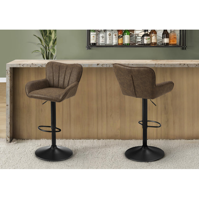Barstool, Set Of 2, Swivel, Adjustable, Bar Height, Counter Height, Kitchen, Brown Leather Look, Black Metal, Contemporary, Modern