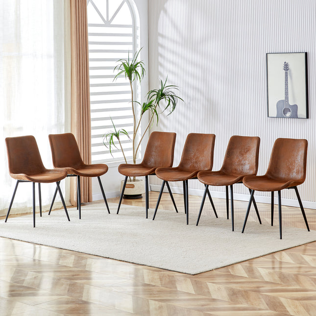 Brown suede backrest cushion dining chair, black metal legs, curved widened cushion design, more comfortable, suitable for restaurants, kitchens, bedrooms, offices. (6 chairs) 0502