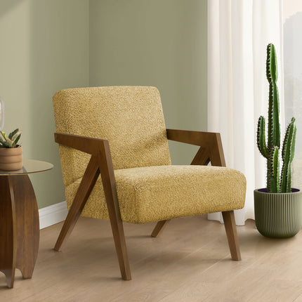 Accent Chair, 30'h, Upholstered, Living Room, Bedroom, Yellow Fabric, Brown Walnut Solid Wood, Modern, Mid Century