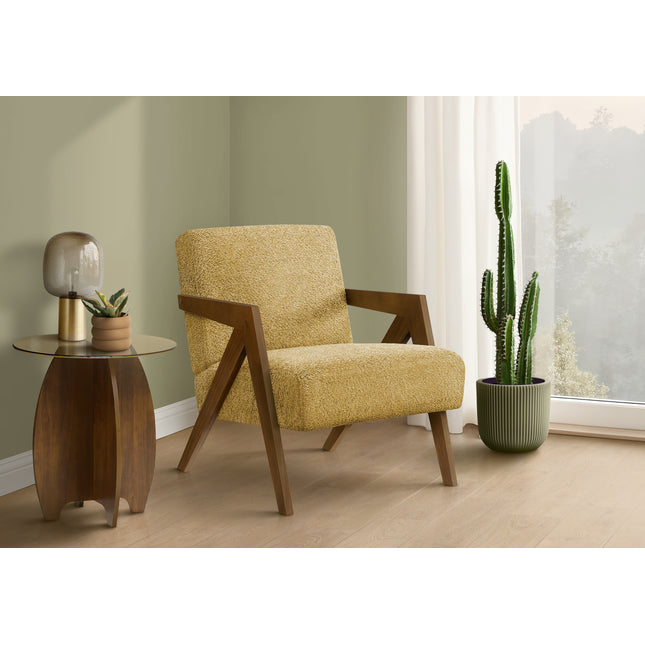 Accent Chair, 30'h, Upholstered, Living Room, Bedroom, Yellow Fabric, Brown Walnut Solid Wood, Modern, Mid Century