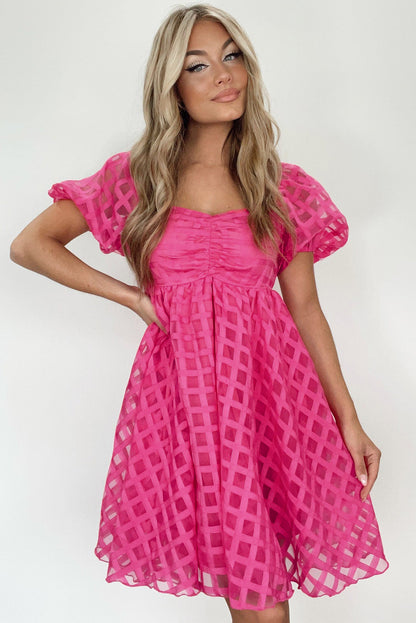 Strawberry Pink Checkered Puff Sleeve Babydoll Dress - Eloy Royal