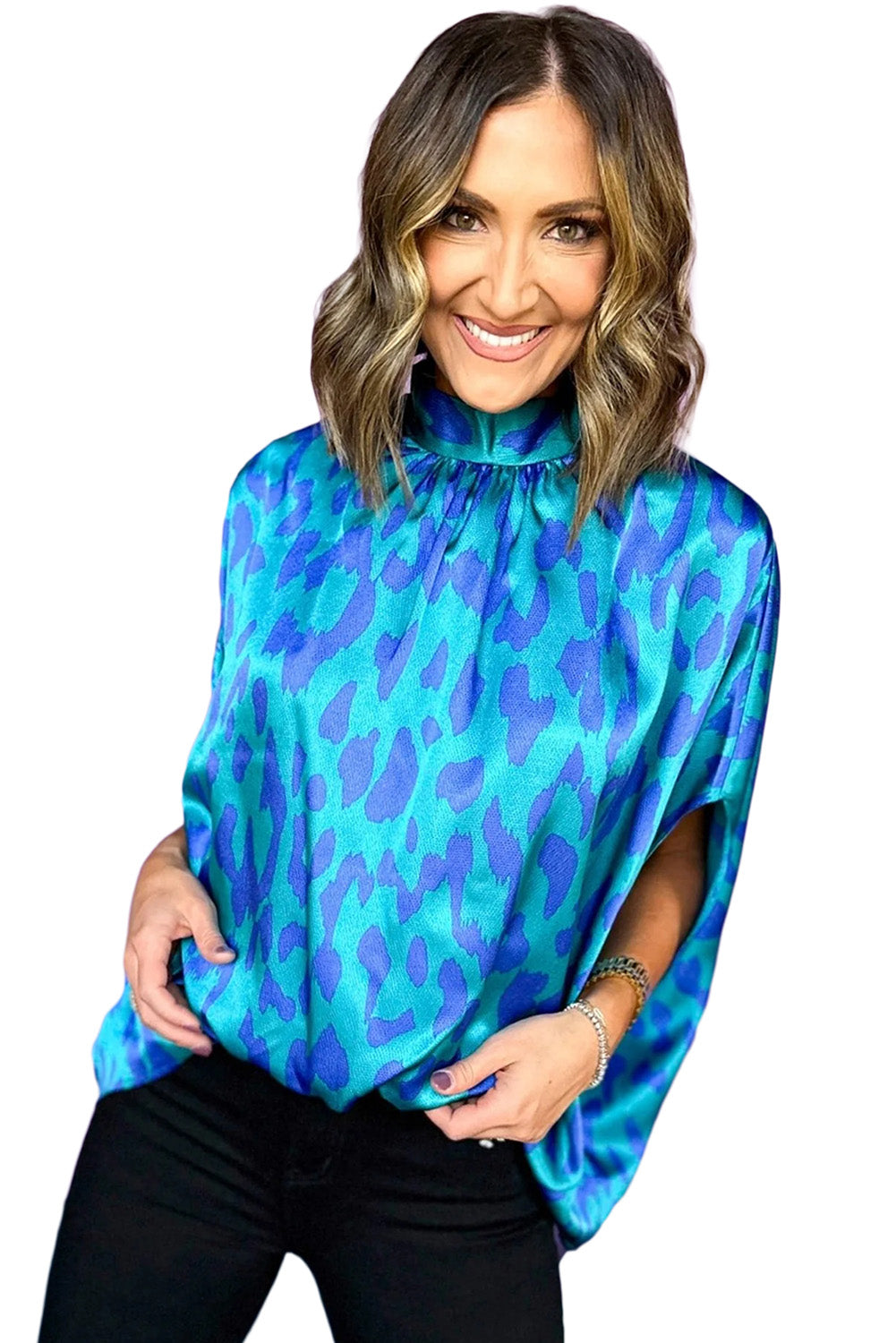 Blue Leopard Print Loose Batwing Sleeve Mock Neck Blouse - Eloy Royal