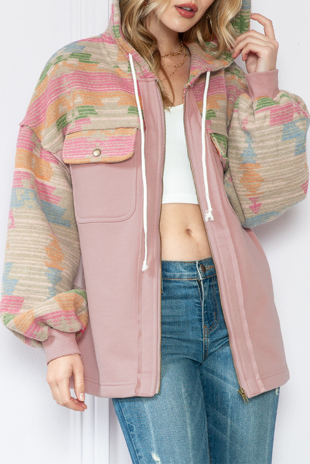 Light Pink Geometric Patchwork Hooded Zip Up Jacket - Eloy Royal