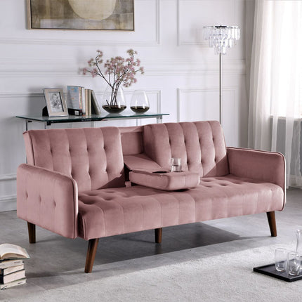 72' Sleeper Sofa Bed - Convertible Folding Backrest to Full Bed with Cup Holder & Drop-Down Table - Space Saving Linen Sofa for Small Spaces - Easy Assembly, Pink