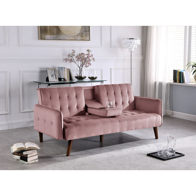 72' Sleeper Sofa Bed - Convertible Folding Backrest to Full Bed with Cup Holder & Drop-Down Table - Space Saving Linen Sofa for Small Spaces - Easy Assembly, Pink