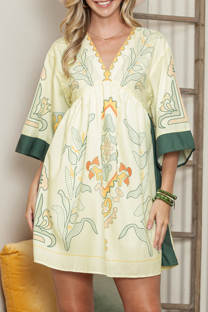 Multicolor Boho Floral V Neck Bell Sleeve Dress - Eloy Royal