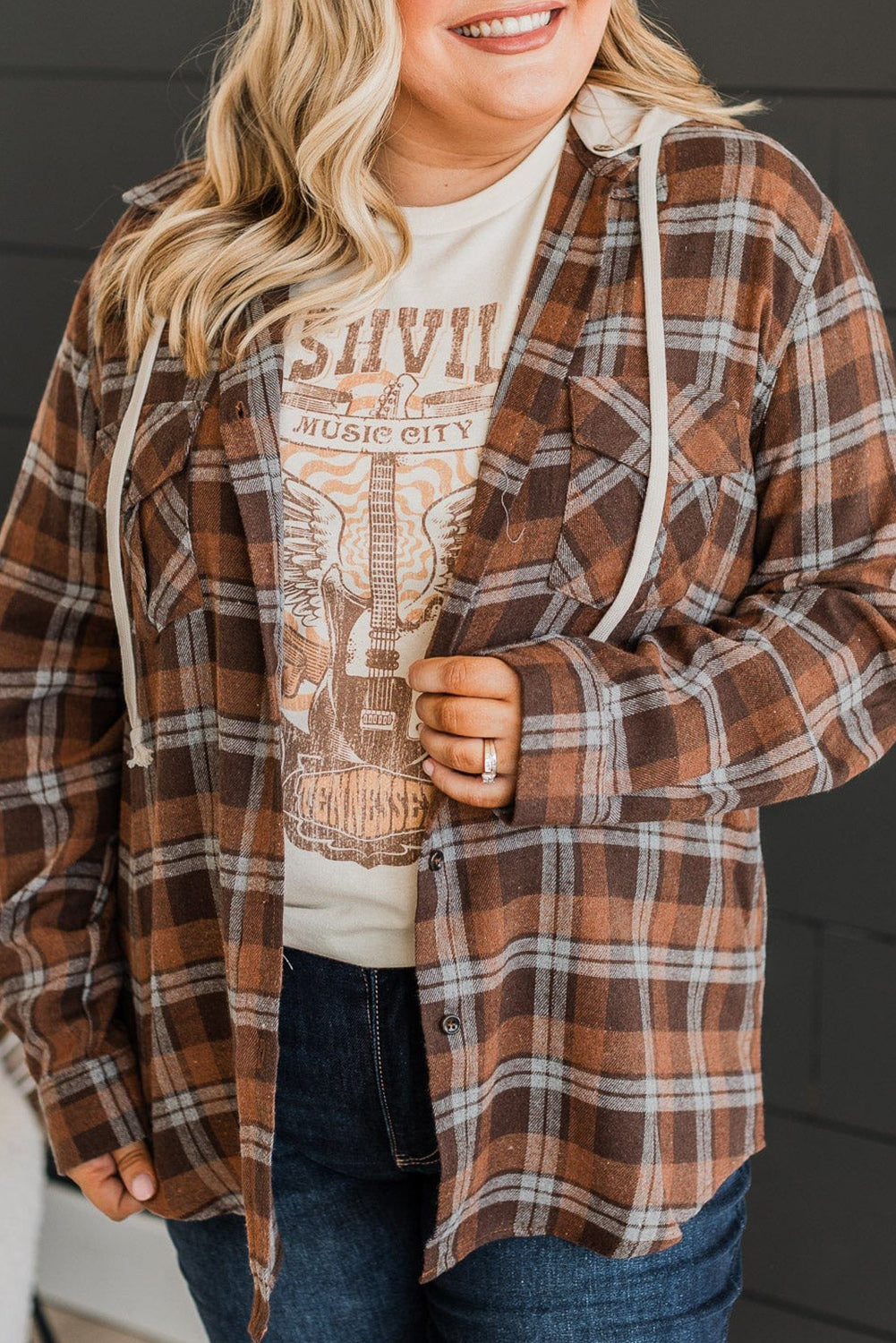 Brown Plus Size Plaid Button Up Contrast Hooded Shirt - Eloy Royal