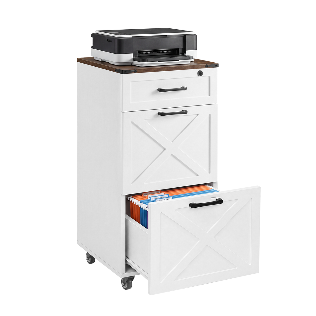 Rustic White Farmhouse 3-Drawer File Cabinet with Wheels – Vertical Rolling Storage for Letter/A4, Printer Stand & Mobile Organizer for Home Office