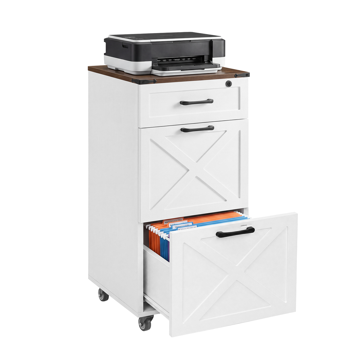 Rustic White Farmhouse 3-Drawer File Cabinet with Wheels – Vertical Rolling Storage for Letter/A4, Printer Stand & Mobile Organizer for Home Office